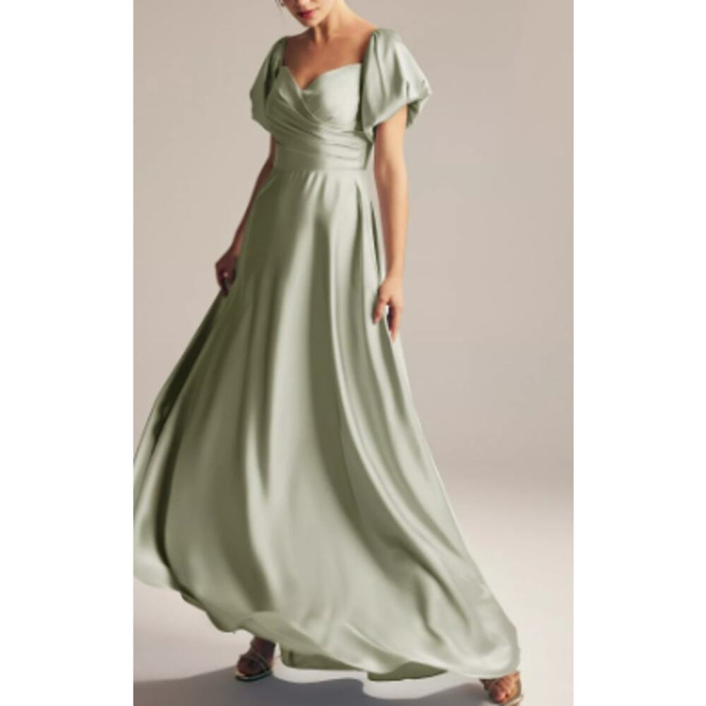 Satin V-Neck Flutter Sleeve Maxi Dress in Sage Green